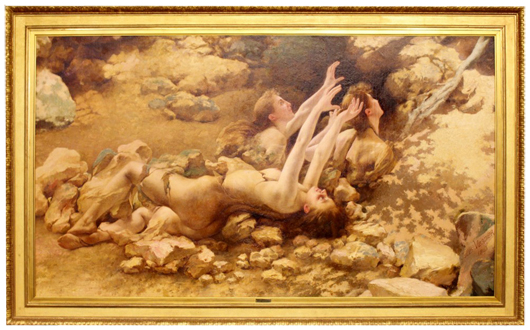 Monumental oil on canvas by Jules Victor Verdier (French, 1861-1926), titled ‘Nymphs.’ Ahlers & Ogletree image.